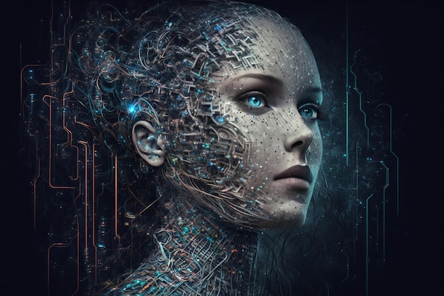 Concetto di tecnologia e ingegneria Intelligenza artificiale AI machine learning Big data cyber mind domination Chat bot chat gpt robo advisor cervello robotico futuro AI generativa