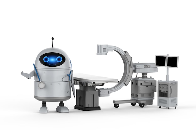 Concetto di tecnologia medica con rendering 3d robot Android con macchina C-Arm