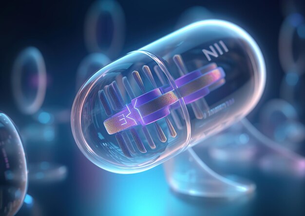 Concetto di tecnologia sanitaria Pillola trasparente realistica con DNA all'interno di AI generativa