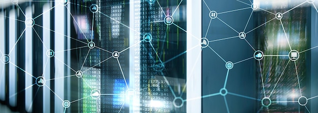 Concetto di telecomunicazione con struttura di rete astratta e sfondo della sala server