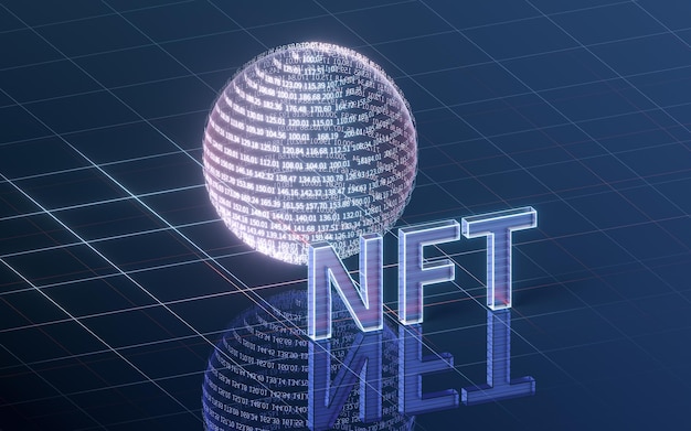 Concetto di token non fungibili NFT con rendering 3d su sfondo scuro