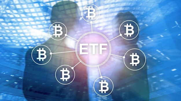 Concetto di trading e investimento di criptovaluta ETF Bitcoin su sfondo a doppia esposizione