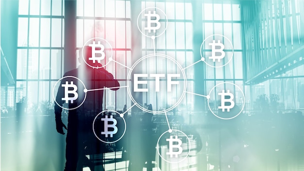 Concetto di trading e investimento di criptovaluta ETF Bitcoin su sfondo a doppia esposizione