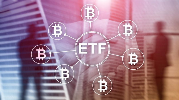 Concetto di trading e investimento di criptovaluta ETF Bitcoin su sfondo a doppia esposizione