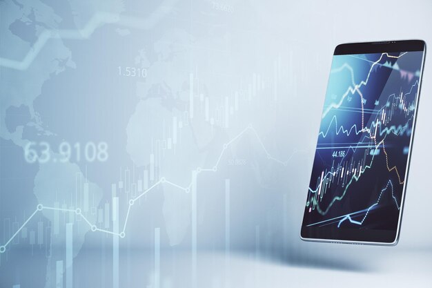 Concetto di trading online con grafico forex sullo schermo dello smartphone e grafici del mercato azionario in sottofondo doppia esposizione