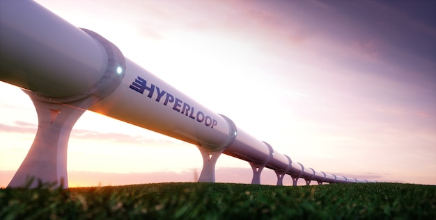 Concetto di trasporto Hyperloop. Tecnologia di trasporto futuristica in ambiente serale. rendering 3D.