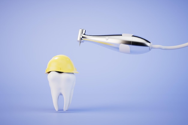 Concetto di trattamento dentale un dente in un casco protettivo accanto alla punta con rendering 3D al boro