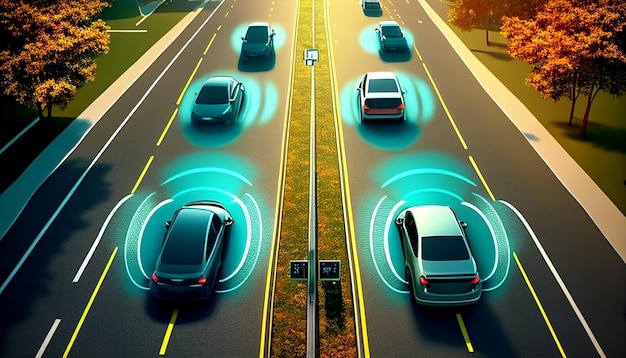 Concetto di un sistema di sensori per auto autonomo per la sicurezza del controllo dell'auto in modalità senza conducente Il cruise control adattivo in futuro rileverà veicoli e pedoni vicini AI generativa