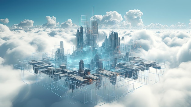 Concetto di una città digitale con connessioni cloud Rete futuristica nelle nuvole