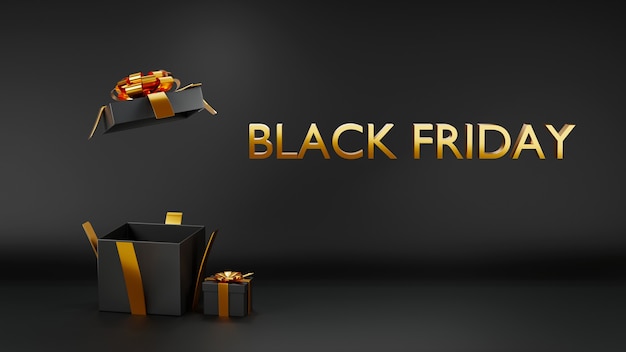 Concetto di vacanza del Black Friday Scatole regalo nere e illustrazione di rendering 3D vuota aperta