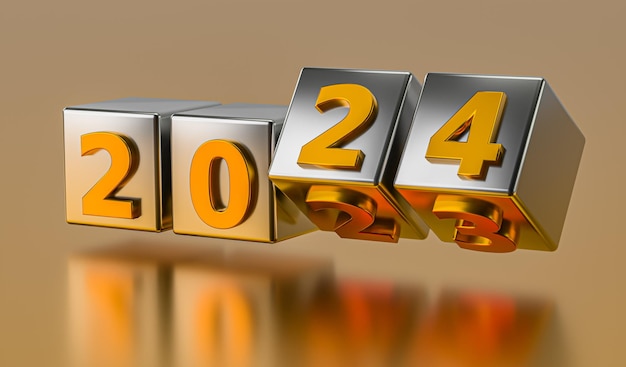 Concetto di vacanza di Capodanno I cubi con il numero 2024 sostituiscono il rendering 3d del 2023