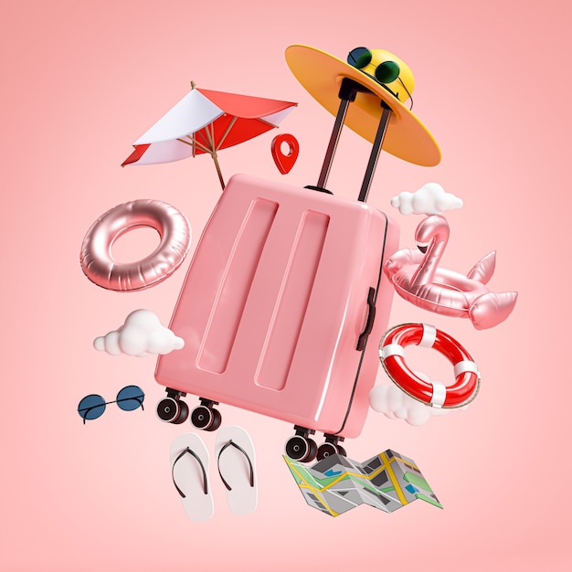 Concetto di vacanza di viaggio. Rendering 3D di valigia rosa e accessori da spiaggia