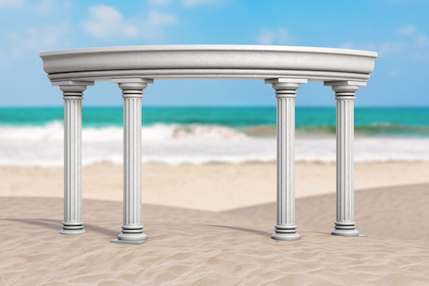 Concetto di vacanza estiva. Arco greco classico antico della colonna su un primo piano estremo della costa deserta dell'oceano. Rendering 3D