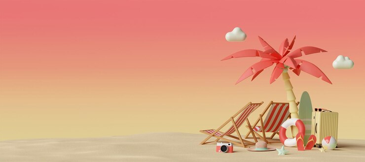 Concetto di vacanza estiva Banner di sedie a sdraio e accessori sotto l'illustrazione 3d della palma