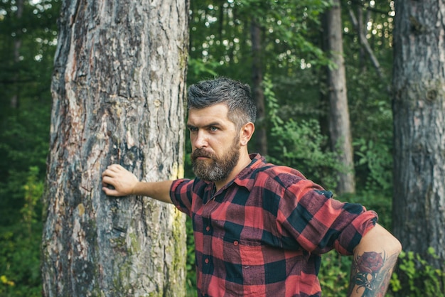 Concetto di vacanza estiva. Uomo barbuto nella foresta. Hipster con barba lunga sul paesaggio verde naturale. Il turista in camicia a quadri si rilassa all'albero. Viaggiatore che fa un'escursione nella giornata di sole.