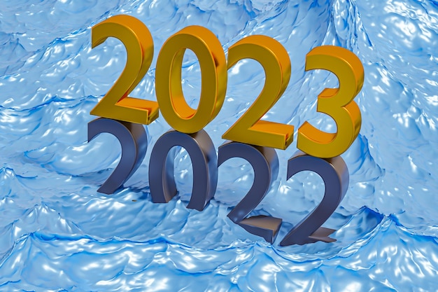 Concetto di vacanza per il nuovo anno 2023 Il numero 2023 si trova a 2022 in acqua