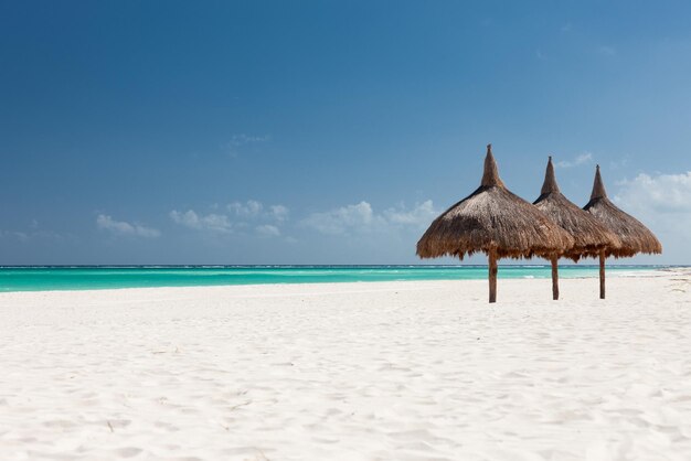 concetto di vacanza, spiaggia, mare e tempo libero - spiaggia tropicale con palapa