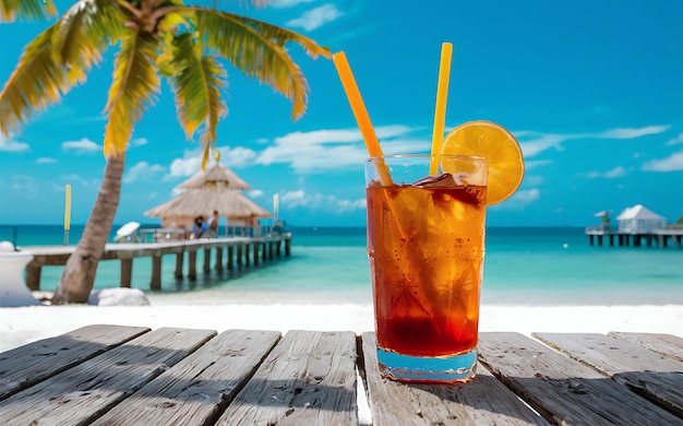 Concetto di vacanze di lusso cuba libre cocktail sul molo long island ice tea cocktail sul piro vacanze tropicali sfondo festa sulla spiaggia cielo blu limpido formato a schermo largo orizzontale tonato