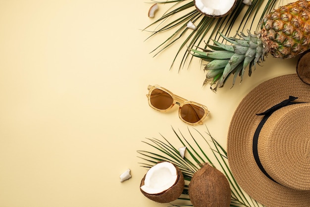 Concetto di vacanze estive Foto vista dall'alto di occhiali da sole copricapo frutti tropicali noci di cocco incrinate ananas e foglie di palma verde su sfondo beige isolato
