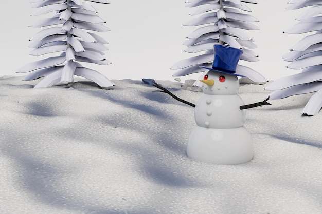 Concetto di vacanze invernali abete e pupazzo di neve in cumuli di neve rendering 3d