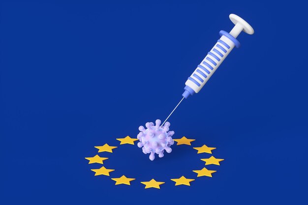 Concetto di vaccinazione contro il coronavirus Covid-19 sullo sfondo della bandiera blu dell'Unione europea. illustrazione di rendering 3D. Coronavirus e siringa sullo sfondo della bandiera dell'UE.