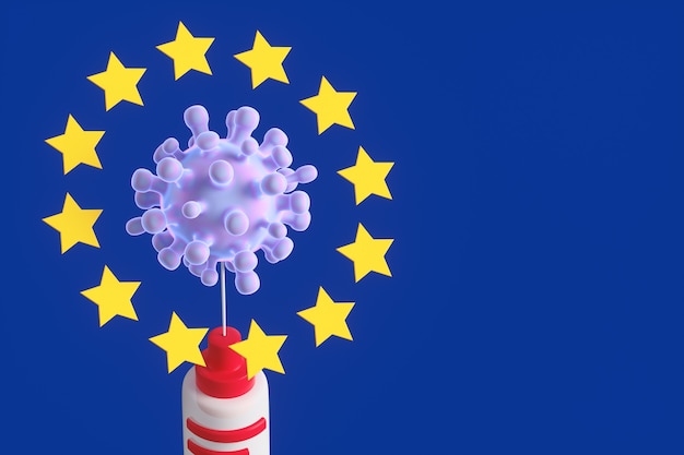 Concetto di vaccinazione contro il coronavirus Covid-19 sullo sfondo della bandiera blu dell'Unione europea. illustrazione di rendering 3D. Coronavirus e siringa sullo sfondo della bandiera dell'UE.