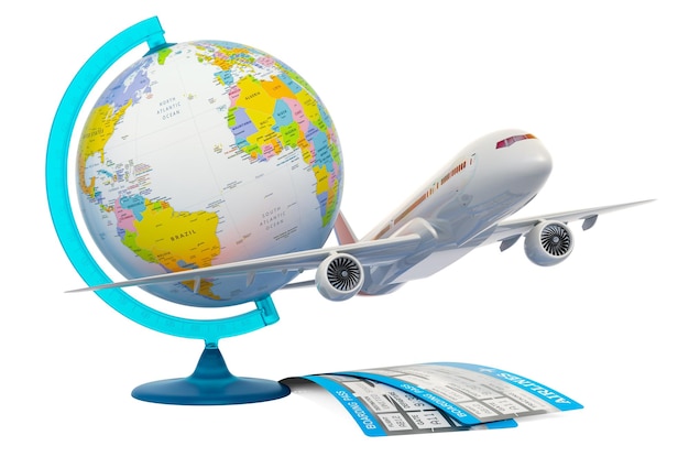 Concetto di viaggio aereo globale Aereo con biglietti e rendering 3D del globo geografico