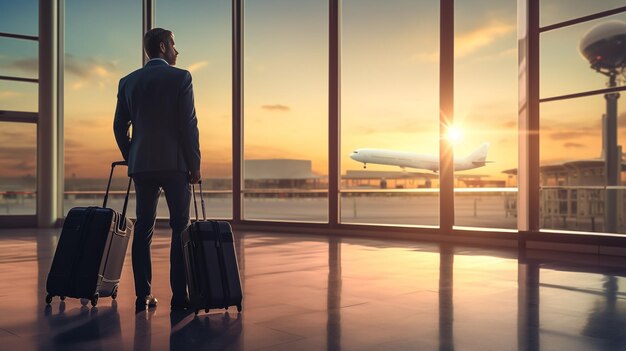 Concetto di viaggio con un uomo d'affari e una valigia nell'interno dell'aeroporto con un aereo in volo
