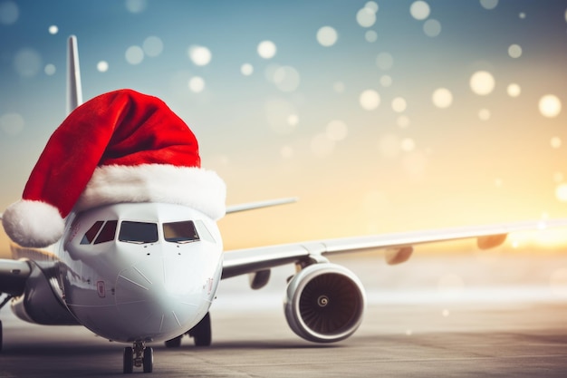 Concetto di viaggio di Natale un aereo che indossa un cappello rosso di Babbo Natale