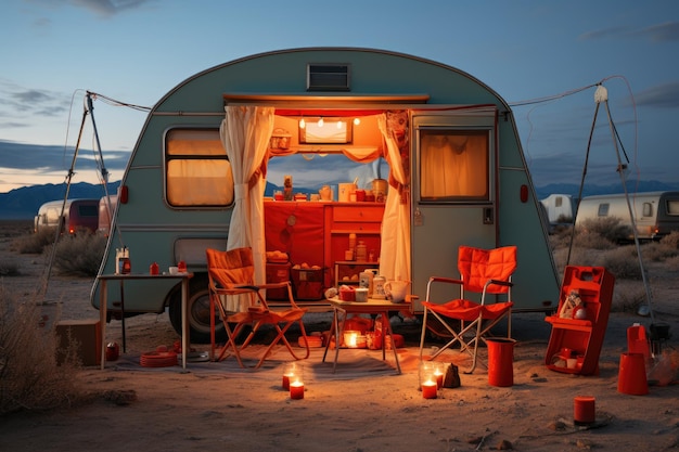 Concetto di viaggio in campeggio con tenda da campeggio vuota IA generativa