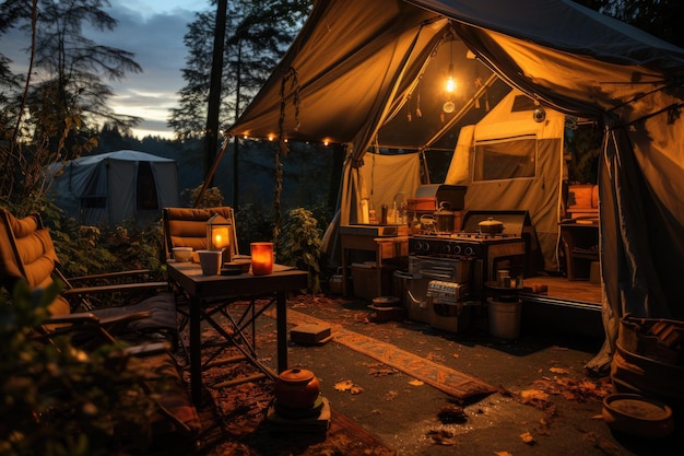 Concetto di viaggio in campeggio con tenda da campeggio vuota IA generativa