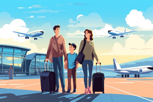 Concetto di viaggio in famiglia viaggio in famiglia all'aeroporto vettore 2d IA generativa