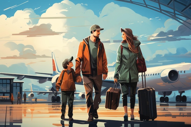 Concetto di viaggio in famiglia viaggio in famiglia all'aeroportoTempo per il vettore 2d AI generativa