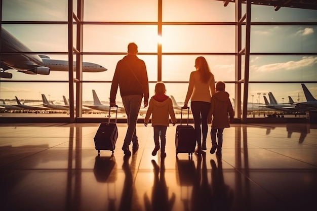 Concetto di viaggio in famiglia viaggio in famiglia all'aeroportoTempo per una vacanza in famiglia IA generativa
