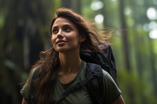 Concetto di viaggio una ragazza con attrezzature viaggia attraverso foreste verdi ragazza nella foresta pluviale generativa ai