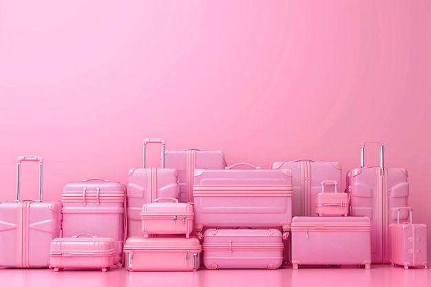 concetto di viaggio valigie rosa di diverse dimensioni su sfondo rosa con spazio di copia