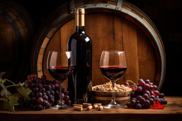 Concetto di vinificazione tradizionale con bottiglie di vino rosso in botte di legno da collezione