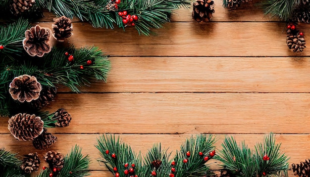 Concetto di vista dall'alto del giorno di Natale Disegno del bordo di Natale con decorazione sfondo in legno Bacche di agrifoglio e neve su uno sfondo di legno