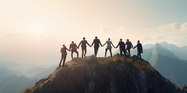 Concetto di vittoria del successo del lavoro di squadra Silhouette della squadra in cima alla montagna Concetto di leadership AI generativo