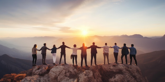 Concetto di vittoria del successo del lavoro di squadra Silhouette della squadra in cima alla montagna Concetto di leadership AI generativo