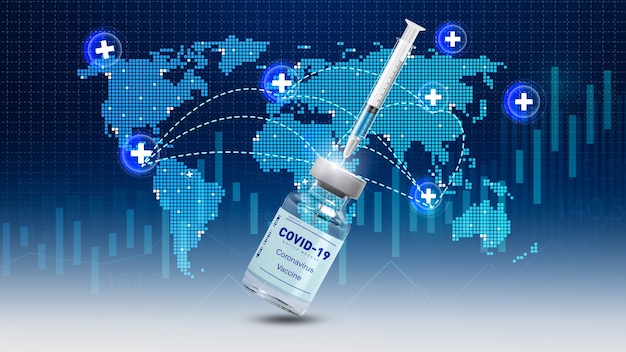 Concetto di web pandemico globale del vaccino contro il coronavirus con sfondo del mondo della mappa della fiala medica