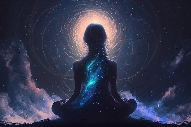 Concetto di yoga con vista posteriore donna seduta nella posa del loto su sfondo cielo stellato AI generato