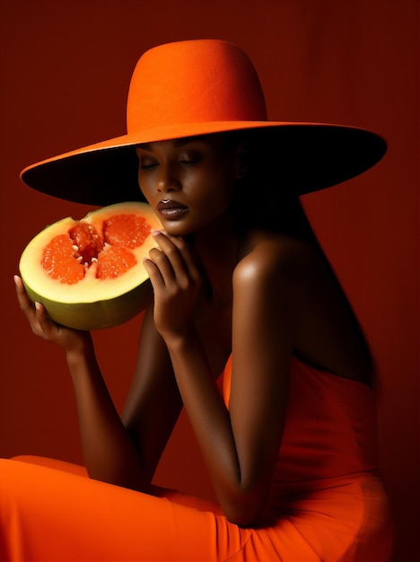 Concetto donna papaia nero stile di vita afro bellezza trendy cool moda sciarpa ritratto arancione