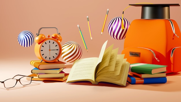Concetto educativo, libri e borsa di scuola sull'arancio