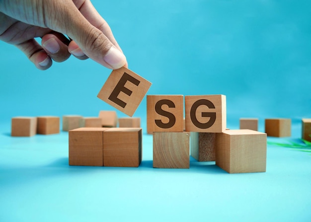 Concetto ESG sociale e di governance ambientale Parola ESG incisa su blocco di legno