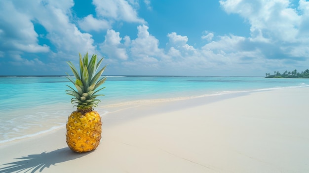 Concetto estivo ananas sulla spiaggia tropicale