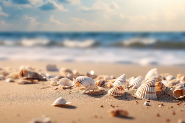 Concetto estivo sfondo spiaggia sabbiosa con conchiglie AI generato