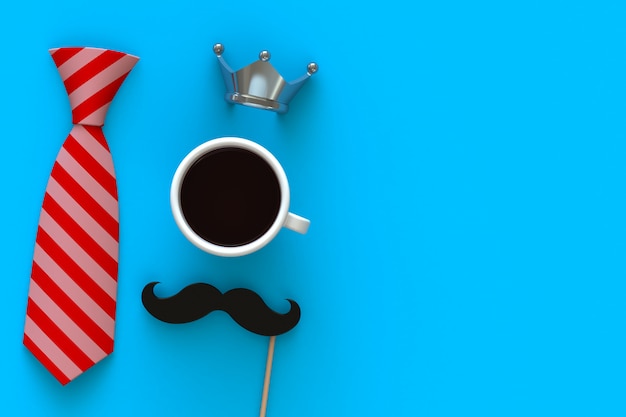 Concetto felice di festa del papà con caffè, i baffi e la corona su fondo blu