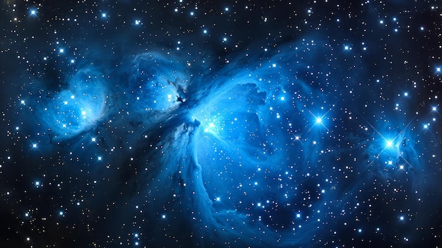 Concetto fotografico realistico dell'ammasso stellare delle Pleiadi che mostra le sue stelle blu luminose e la nebulosità Generativa AI