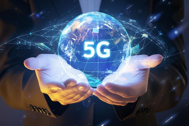 Concetto futuristico Culla a mani 5G e simboli di rete internet